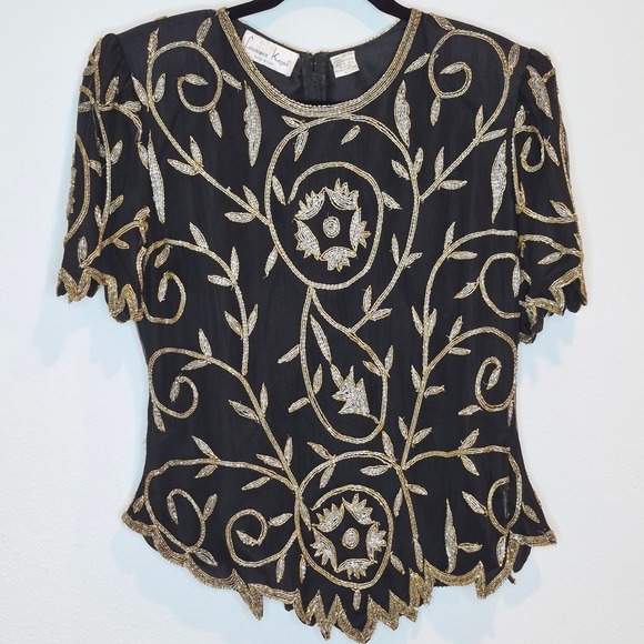 Laurence Kazar Tops - Vintage Beaded Silk Laurence Kazar Evening Top Gold Glam Maximalist Costume Sz L